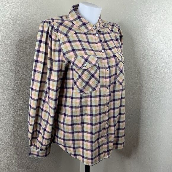 Sundance Pearl Snap Buttons Plaid L/S Shirt Purple Pink Puff Shoulder Sz M - Picture 1 of 7